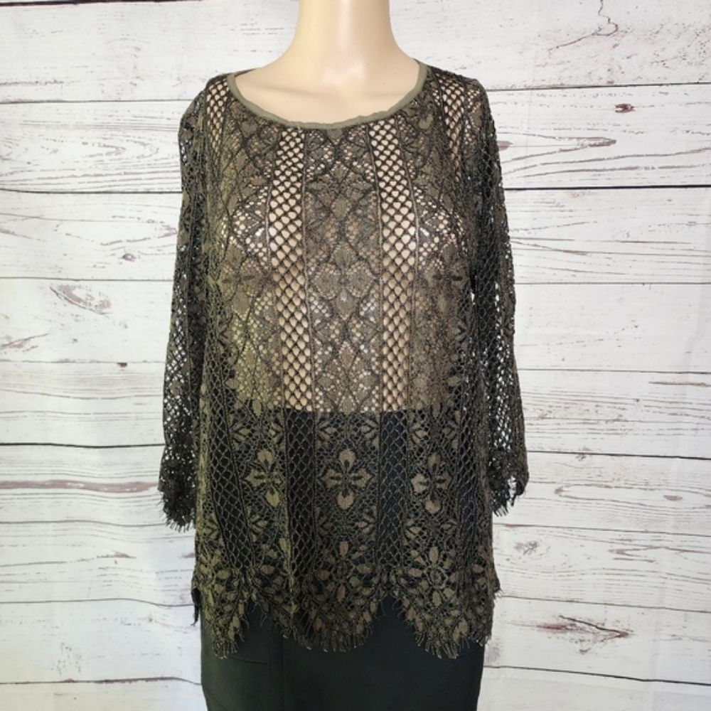 Valerie Khalfon Paris | Olive Green Intricate Lace 3/4 Sleeve Top - Size 42